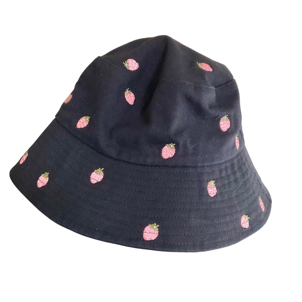 Black Strawberry Embroidered Bucket Hat Fruit Cotton Twill Sun Hat Grandmacore